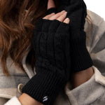 Fingerlose Damen-Handschuhe mit Zopfmuster – Schwarz