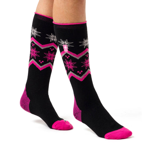 Calcetines largos para deportes de nieve y esquí Ultra Lite para mujer - Fairisle negro y rosa