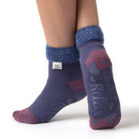 Chaussettes de détente originales pour dames avec haut en plumes confortable - Bleu sourd et rose