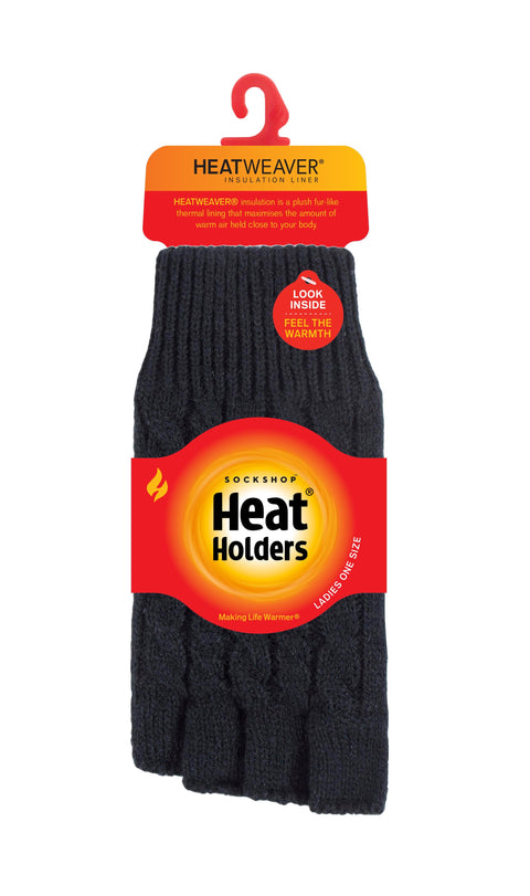 damen handschuhe warm Fingerlose Damen-Handschuhe mit Zopfmuster – Schwarz – Heat Holders EU